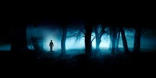 Bosque oscuro en la noche, con un halo azul blanquecino y, al fondo, una silueta humana.